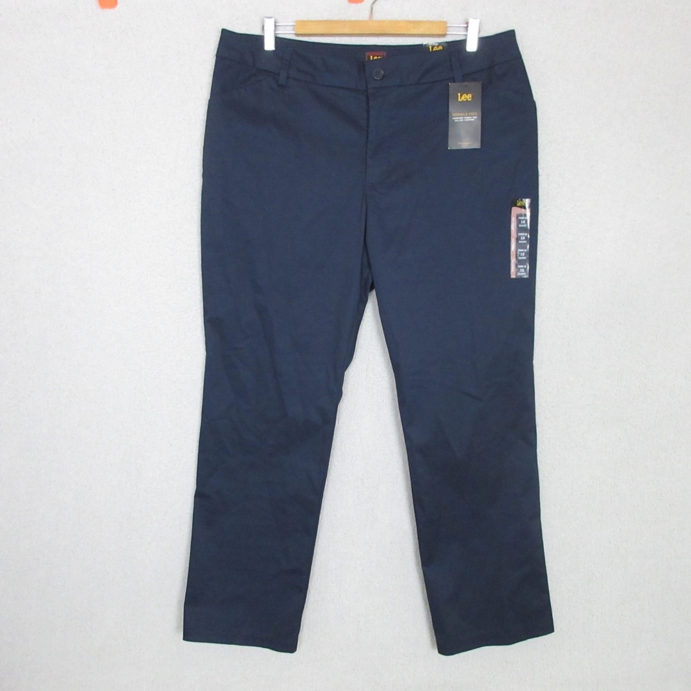 Lee Women Straight Leg Mid Rise Pants 16 Short Navy Blue Wrinkle Free Stretch